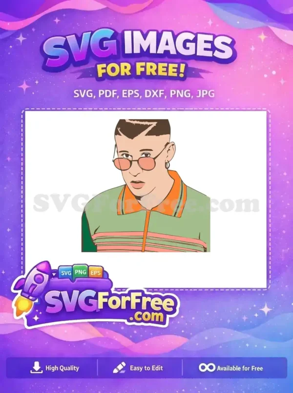 Free vector art of a Bad Bunny look-alike, featuring his iconic style with pink glasses and unique haircut. A fantastic free design.