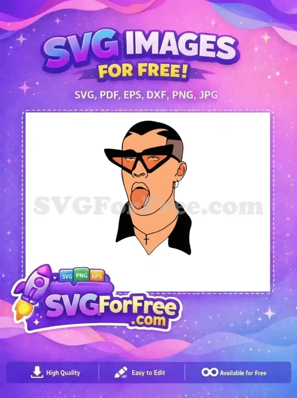 Free Bad Bunny vector art featuring the iconic artist with sunglasses and tongue out. This free design is perfect for fans.