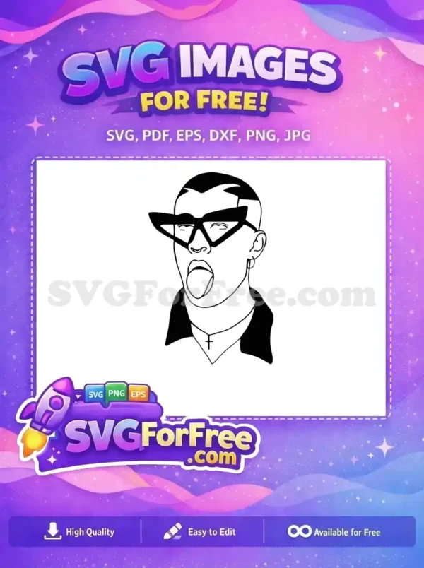 Dynamic free design featuring a stylish Bad Bunny-like figure with angular sunglasses and tongue out, ideal for fans.