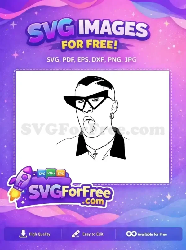 Striking free SVG of Bad Bunny in distinctive sunglasses, tongue out, capturing his iconic style. A free design.