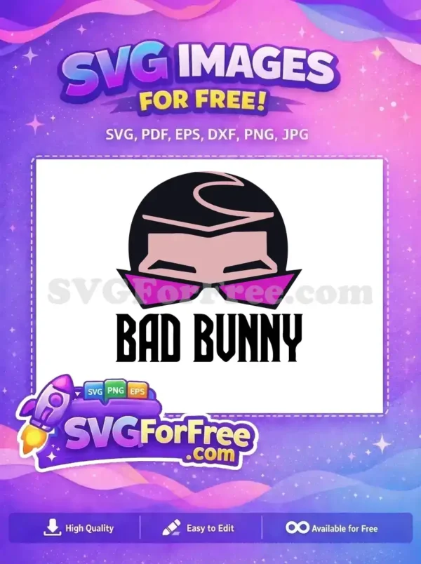 A free Bad Bunny SVG featuring a stylized head with dark hair, pink skin, and cool purple sunglasses, plus his name.