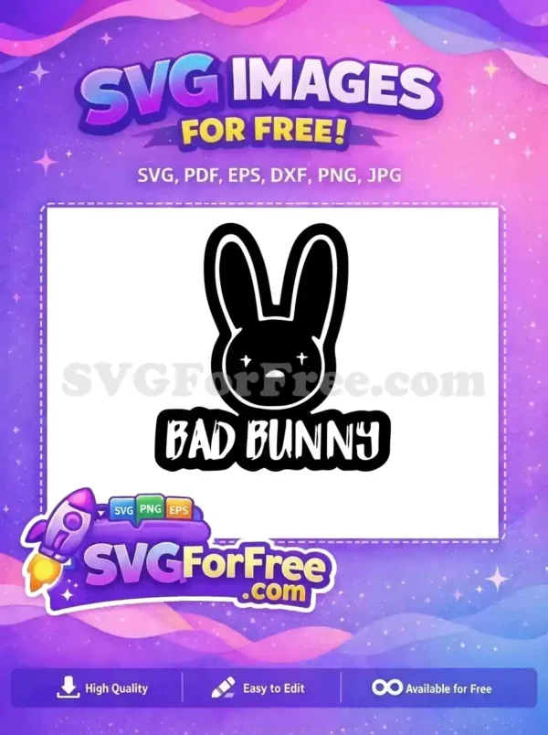A free Bad Bunny logo SVG featuring a stylized rabbit head with star eyes and the artist's name. Download this free design now!