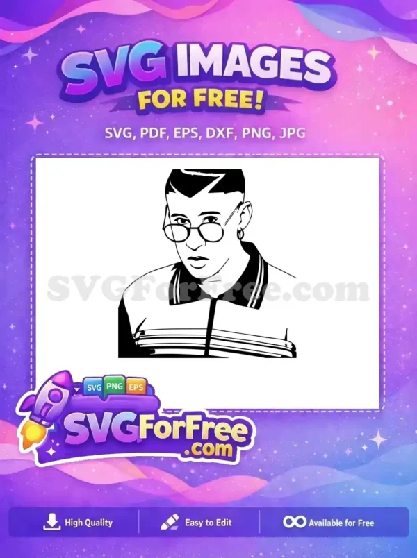 Free Bad Bunny SVG Vector Art – Iconic Celebrity Free Design Striking black & white free vector art of Bad Bunny, featuring his iconic glasses. A must-have free design.