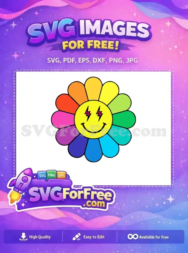 A free vibrant psychedelic smiley face flower SVG with rainbow petals and lightning bolt eyes, perfect for free creative projects.