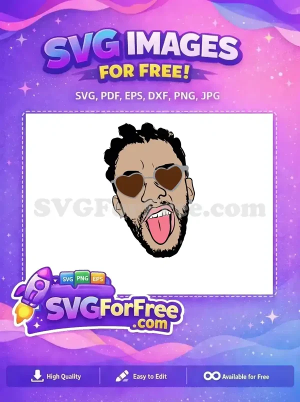 Free Bad Bunny Style Playful Vector Design Download Free Bad Bunny style vector of a man with heart glasses, tongue out, and a playful expression for your projects.