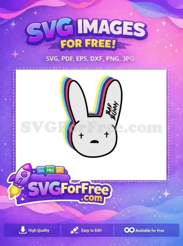 A free Bad Bunny rabbit head SVG featuring layered colorful outlines and crossed eyes. Ideal for free craft projects.