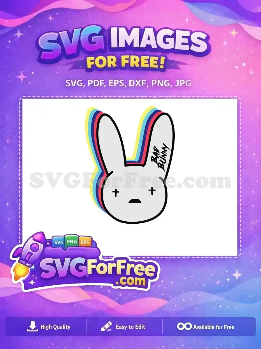 A free Bad Bunny rabbit head SVG featuring layered colorful outlines and crossed eyes. Ideal for free craft projects.