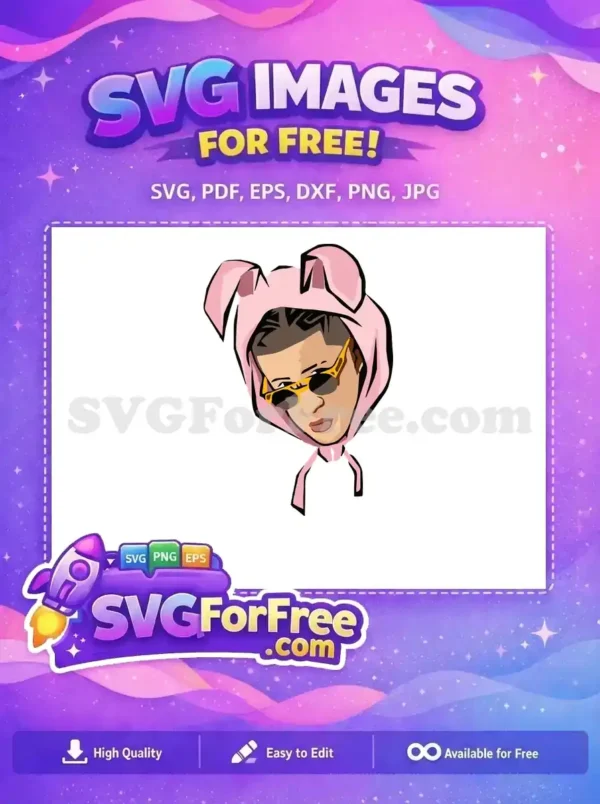 Free vector art of a person in a pink bunny hoodie with yellow sunglasses, offering a trendy and striking free design. This free SVG is ideal for various creative projects. A unique free graphic.