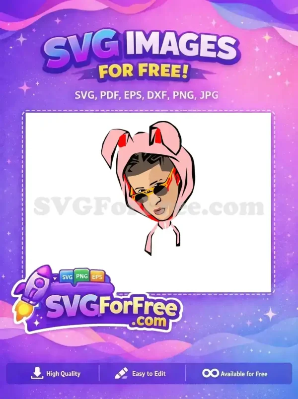 Free Bunny Hoodie Character SVG – Trendy Design Download A free vector image of a person in a pink bunny hoodie with red accents and cool yellow sunglasses, offering a unique style.