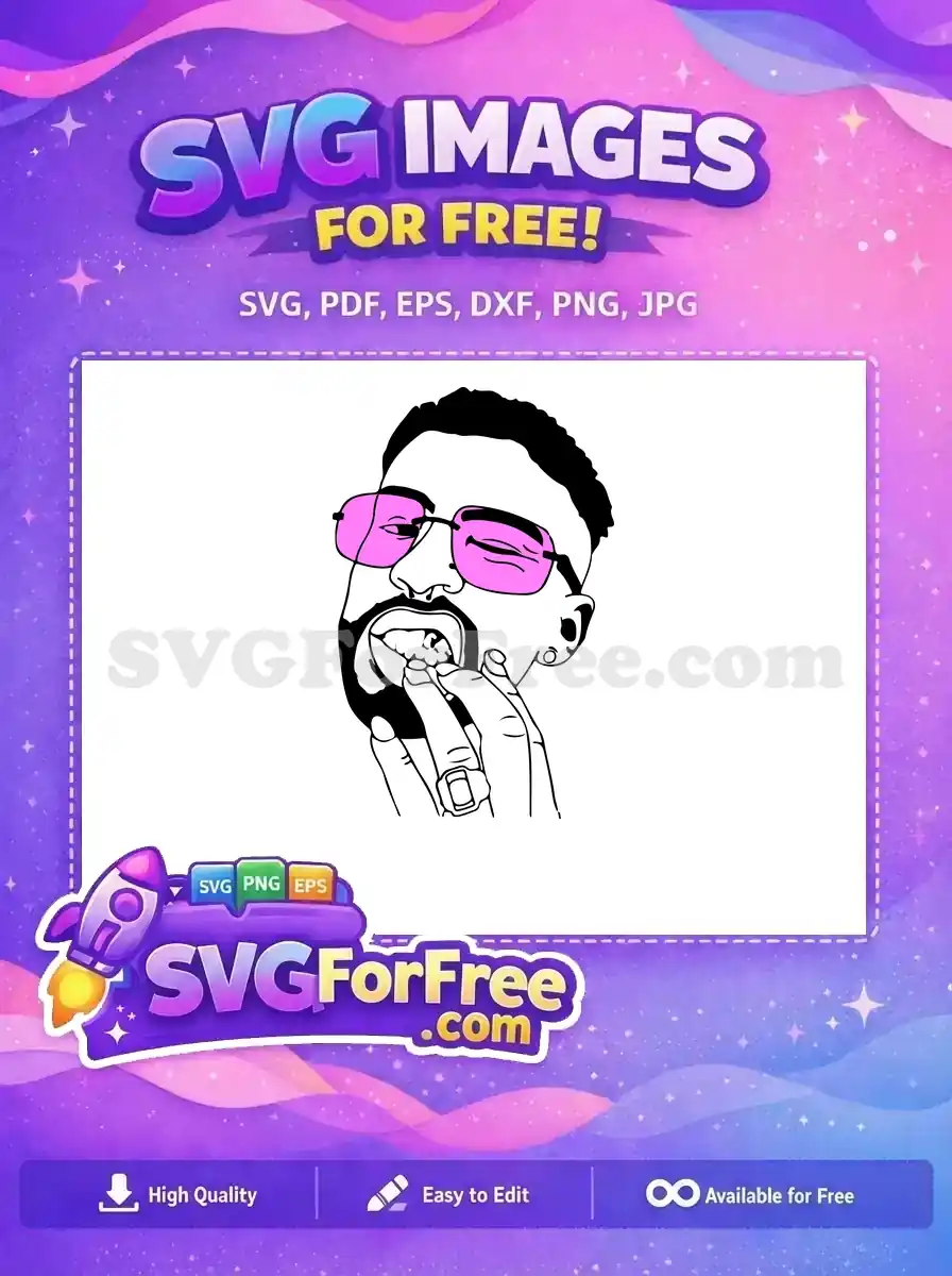 Free SVG of a cool man, bearded, with vibrant pink sunglasses, biting his finger, showcasing an expressive style.