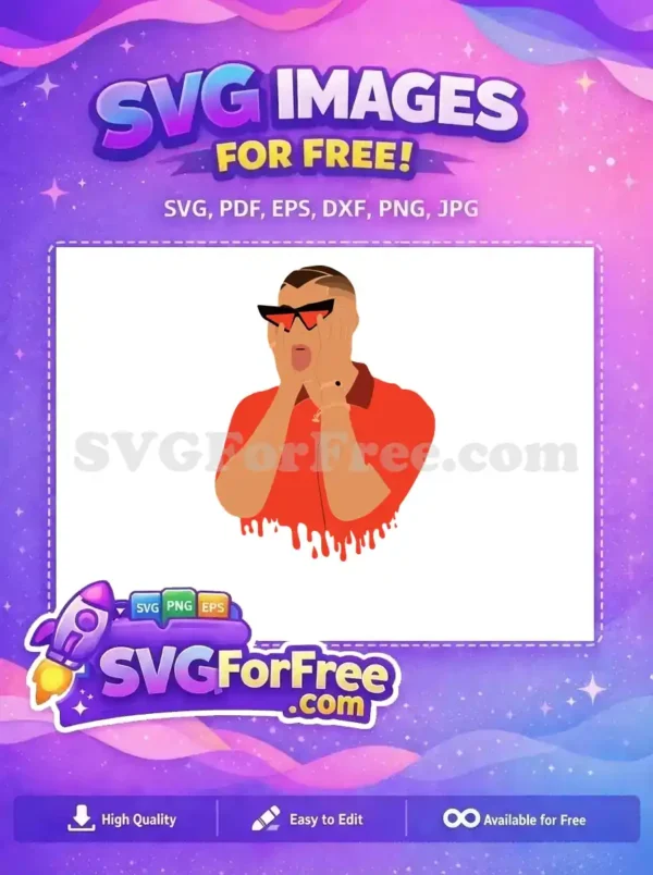 A free design of a male figure, possibly Bad Bunny, with hands on face in shock, wearing red sunglasses and shirt. Dynamic, expressive free vector art.