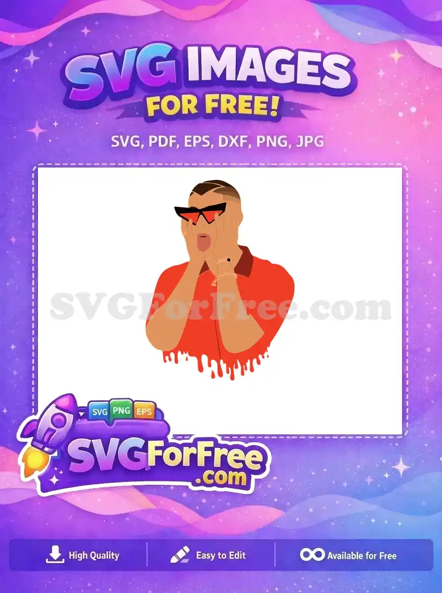 A free design of a male figure, possibly Bad Bunny, with hands on face in shock, wearing red sunglasses and shirt. Dynamic, expressive free vector art.