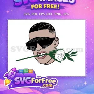 A free design featuring a stylish person, resembling Bad Bunny, wearing dotted sunglasses with a white rose in mouth. Download this free vector.