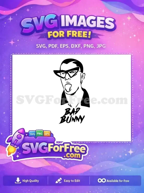 Free Bad Bunny Vector Art: Iconic Urban Style Design Dynamic free Bad Bunny SVG illustration capturing his iconic look with sunglasses, cap, and tongue out, perfect for fan art projects. Download this free design now!