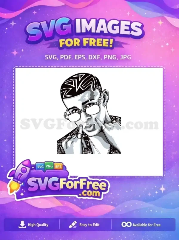 Dynamic free design featuring a stylish man with patterned hair and glasses, showcasing a cool, urban vibe. Download this free SVG!