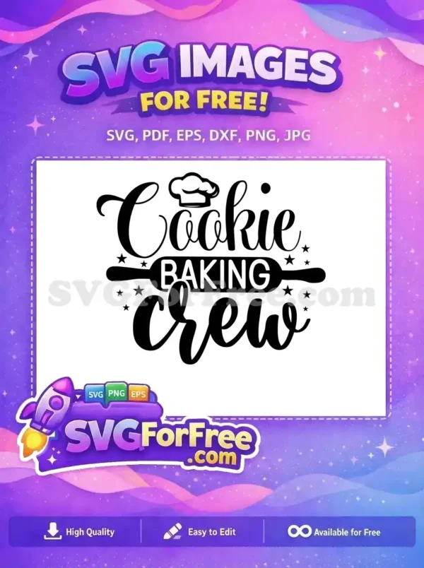 Free Cookie Baking Crew SVG Design – Perfect for Bakers! A free 'Cookie Baking Crew' SVG design featuring script lettering, a chef's hat, and a rolling pin. This free graphic is ideal for baking enthusiasts.