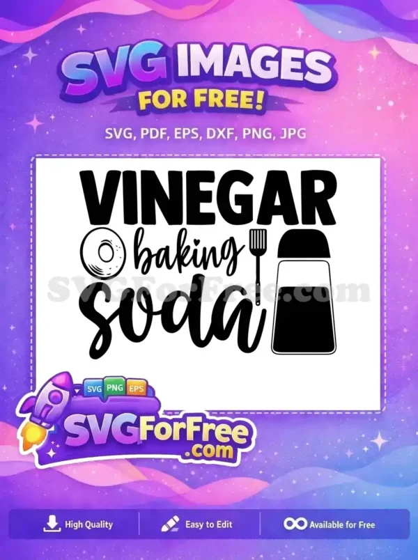 Free 'Vinegar Baking Soda' kitchen design SVG with a donut, spatula, and salt shaker icons. Perfect for crafters.