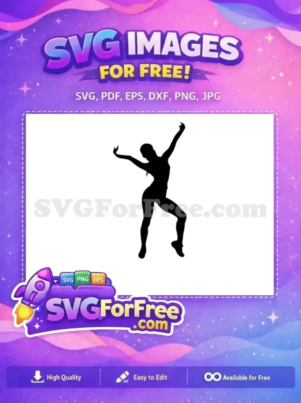 A dynamic black silhouette of a female dancer in a graceful pose, offering a free design for various creative projects. This free vector is highly versatile.