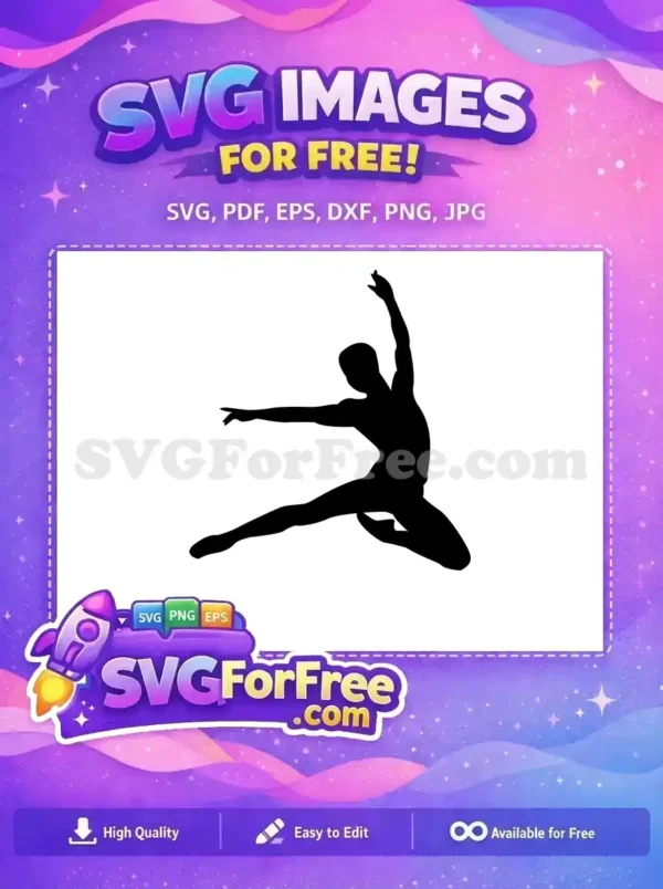 A striking free design of a male dancer's silhouette in a powerful, graceful leap, ideal for various projects. Download this versatile SVG now!