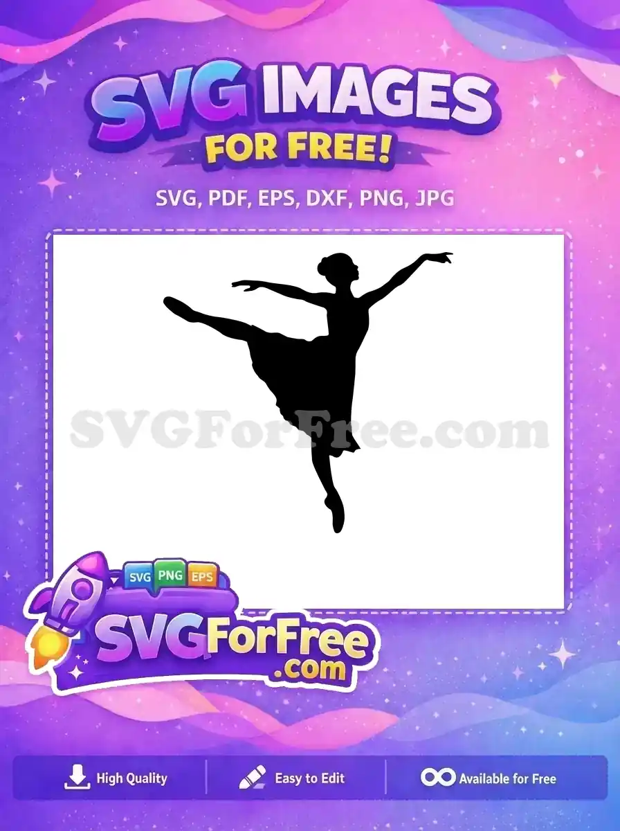 Graceful free ballerina silhouette SVG in a dynamic pose, perfect for artistic projects and dance-themed crafts. Download this free design today!