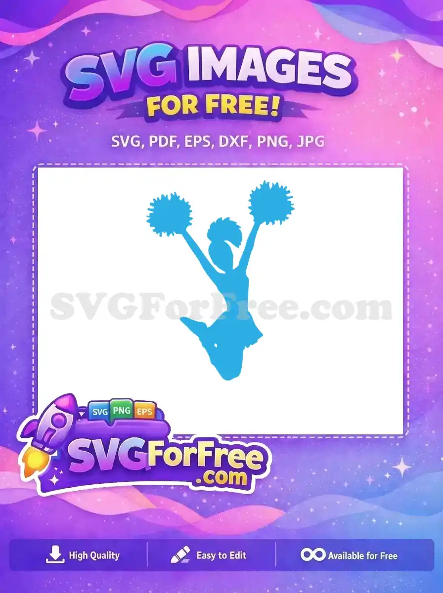 Capture spirit with this free design: a dynamic blue cheerleader silhouette mid-jump, holding pom-poms high. Ideal for diverse projects.