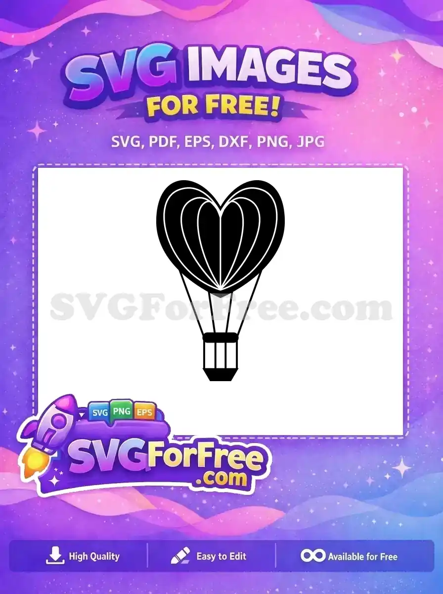 A charming free heart-shaped hot air balloon SVG design, featuring elegant lines and a classic basket. This free vector is ideal for romantic crafts.