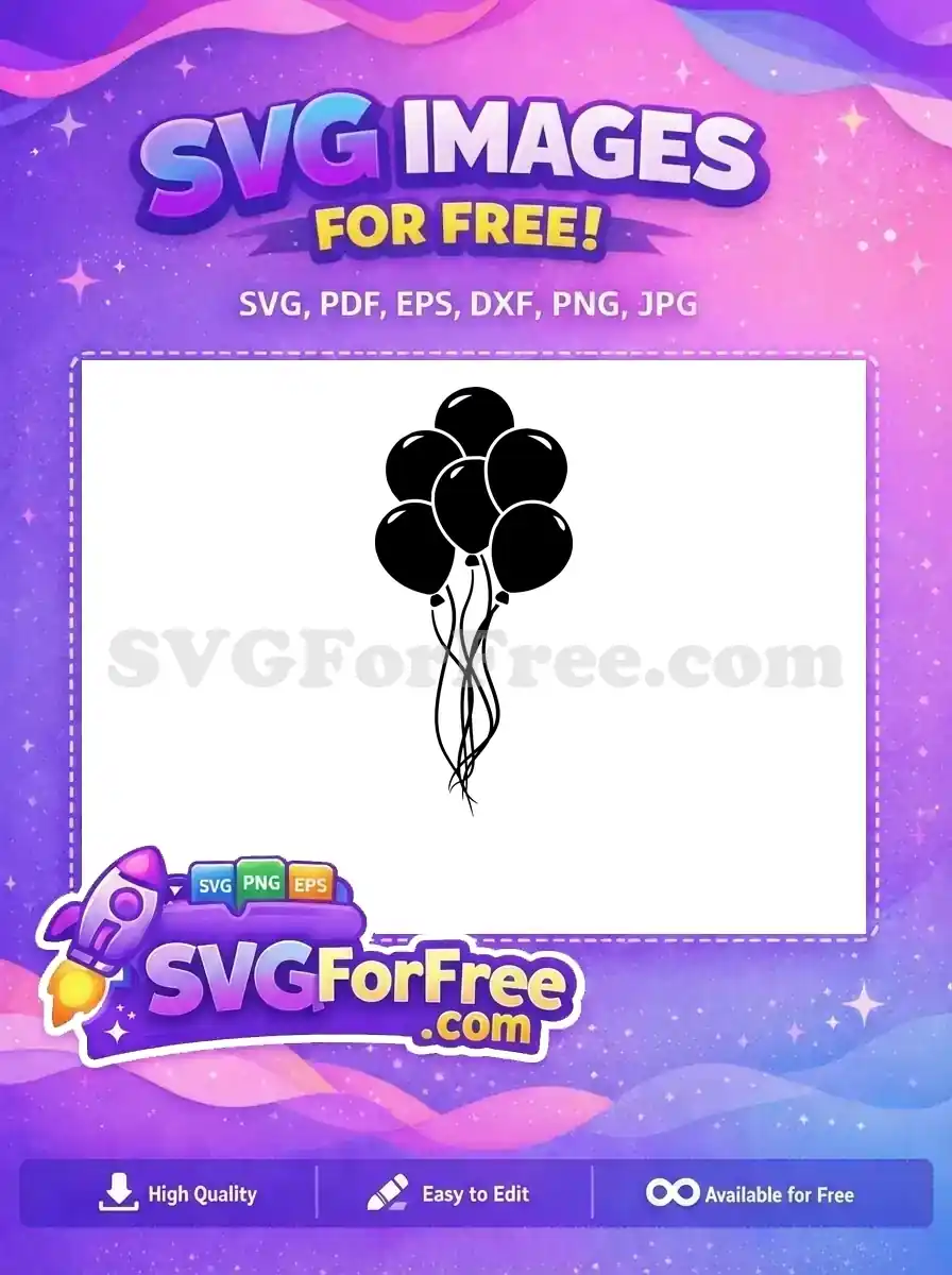 A free SVG of seven black balloons with flowing strings, ideal for adding festive flair to any design project.