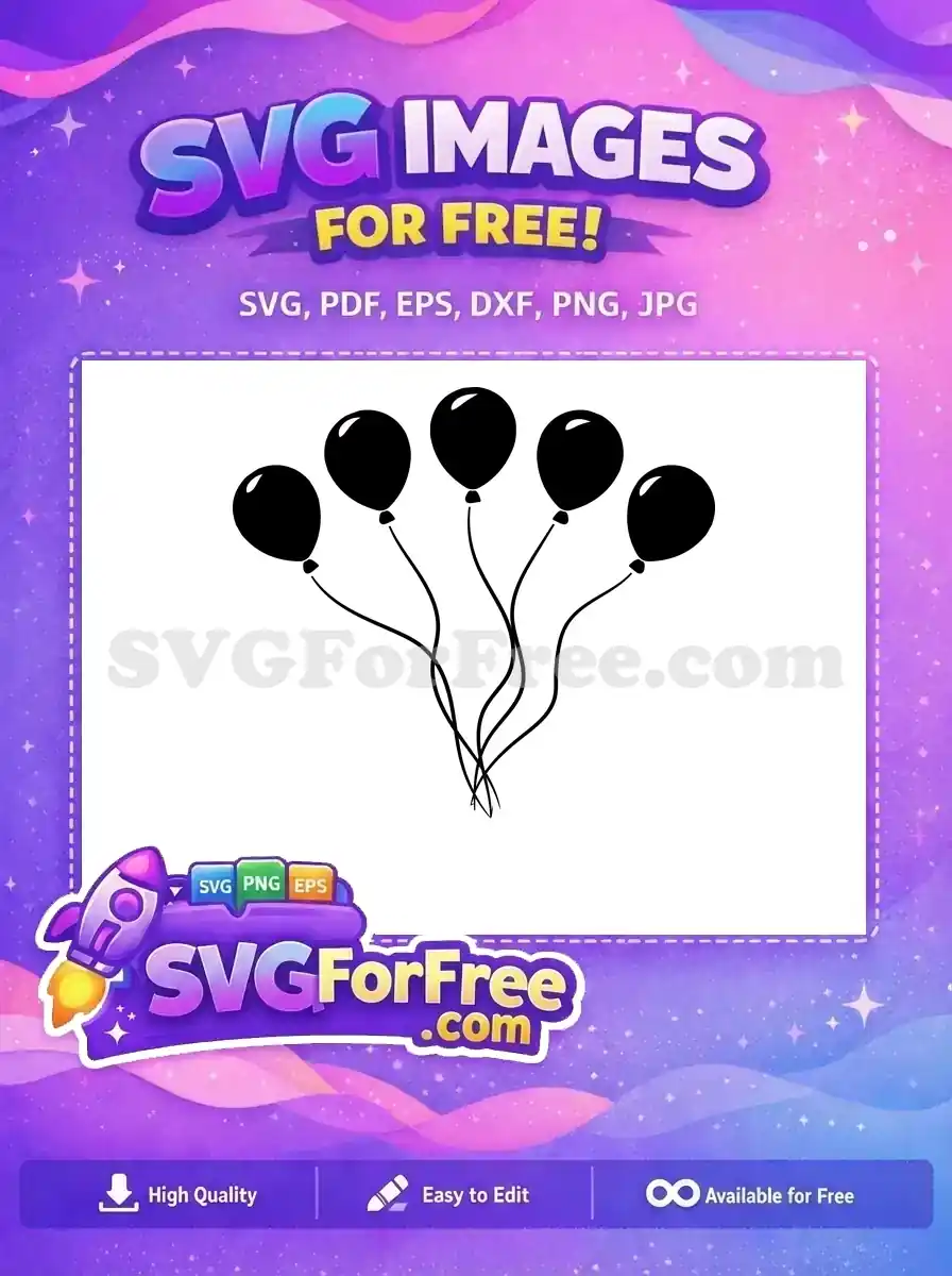 A stunning free design of five black party balloons with flowing strings, ideal for invitations and decor. Get this free vector now!