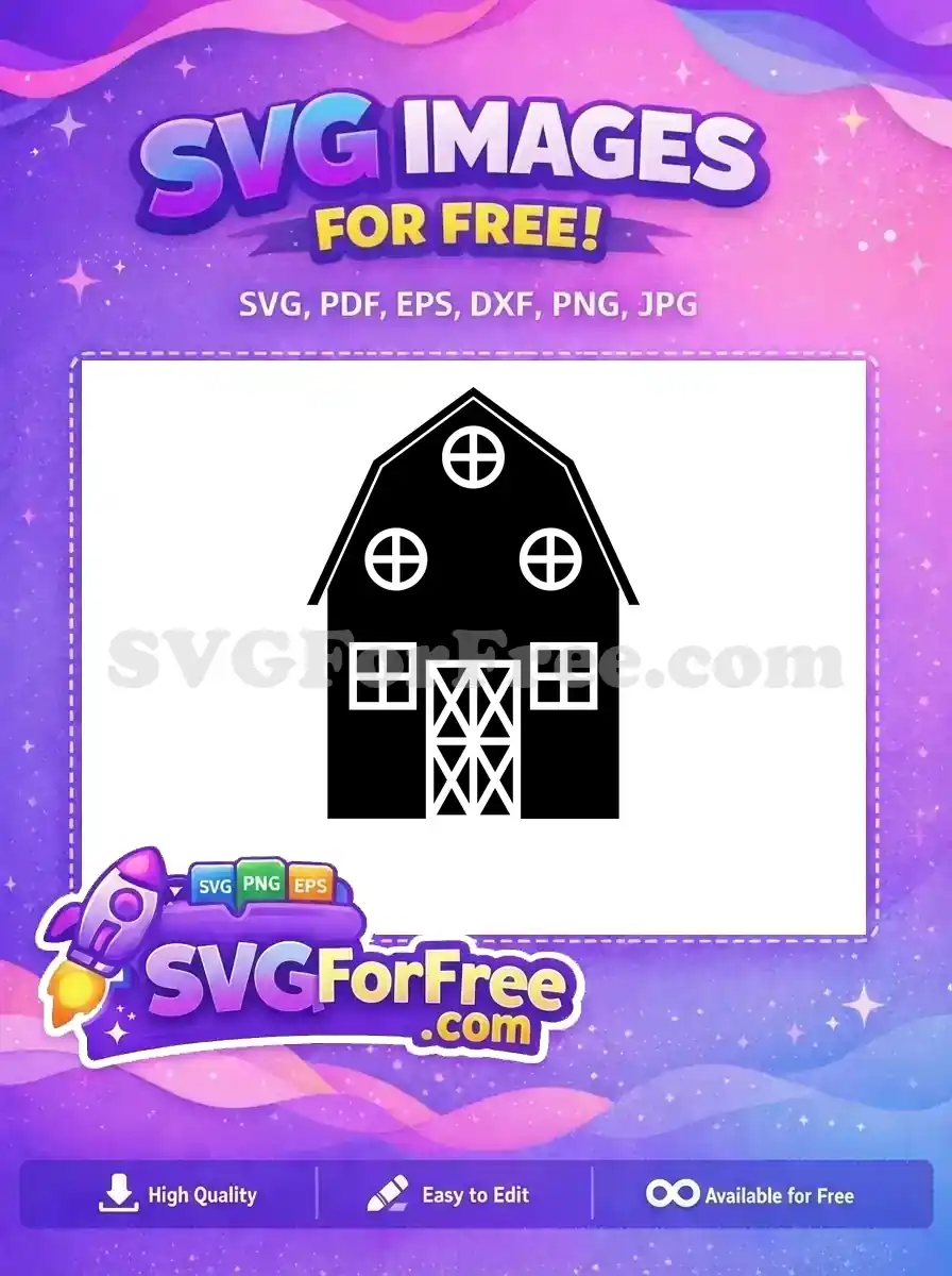 A classic black and white free barn SVG icon, featuring a gambrel roof, round windows, and cross-braced doors. This free design is ideal for various crafts.