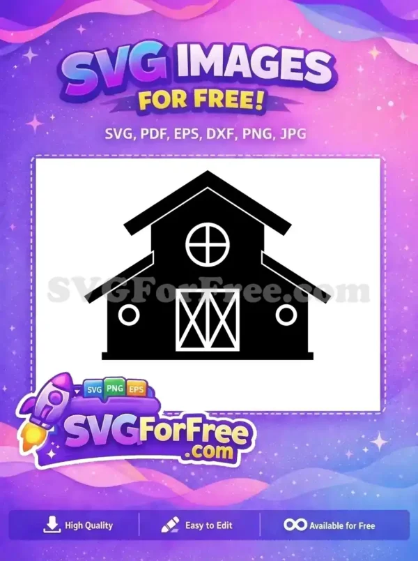 Free Barn House SVG: Rustic Charm Vector Design Free barn house SVG icon with classic design, featuring an X-pattern door and round windows. A versatile free vector for any project.