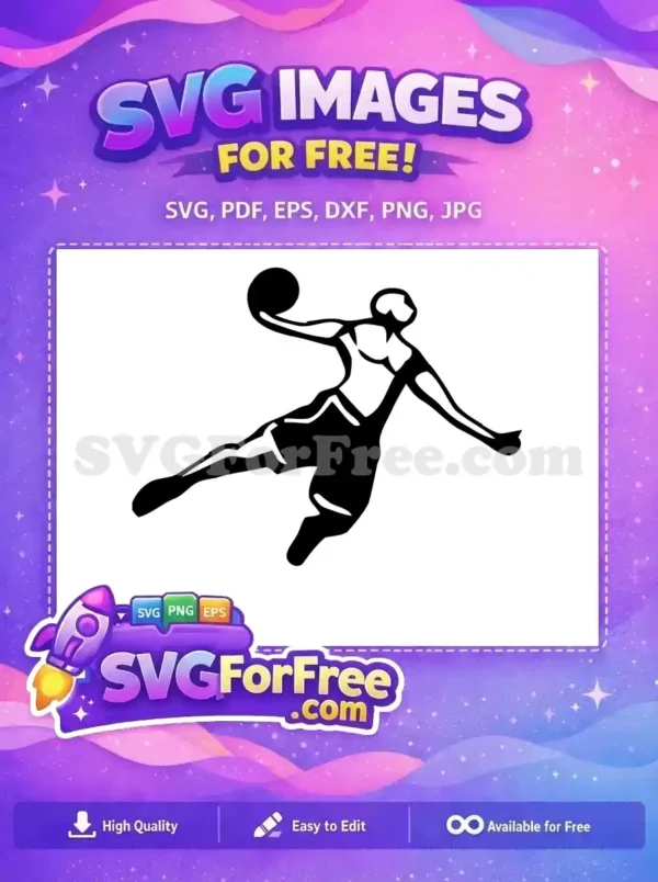 Dynamic free basketball player SVG, mid-air with ball, perfect for sports branding, apparel, and digital art projects.