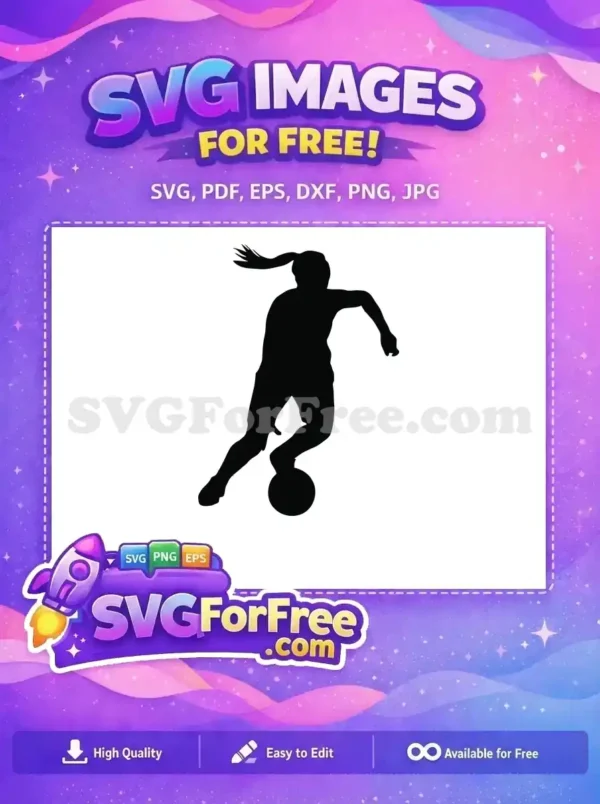 Discover this free design: a dynamic female soccer player silhouette in mid-dribble. Perfect for all your free sports-themed projects.