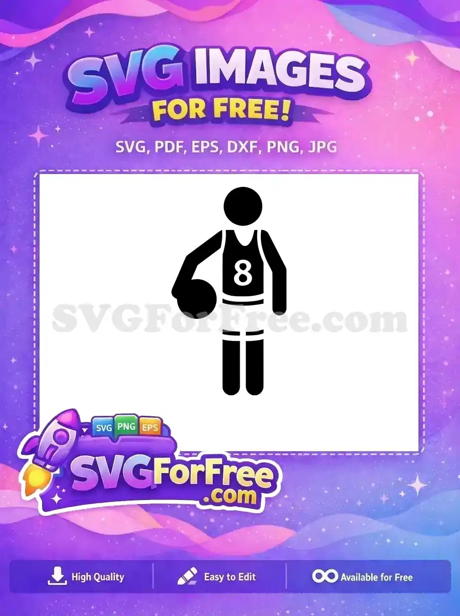 A free silhouette SVG of a basketball player holding a ball, wearing a number 8 jersey. This free design is ideal for sports graphics.