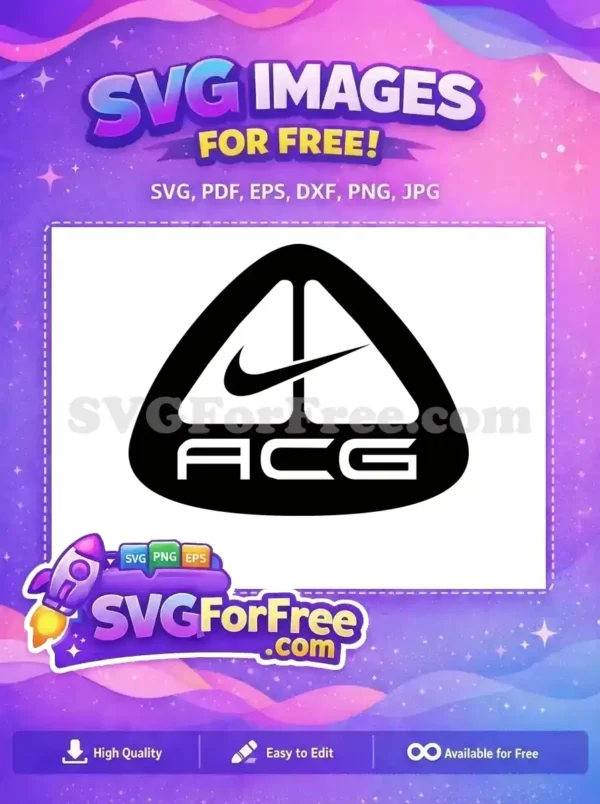 A crisp, free design of the Nike ACG logo. This versatile free SVG features a distinctive triangular shape, Nike swoosh, and 'ACG' text, ideal for various projects.