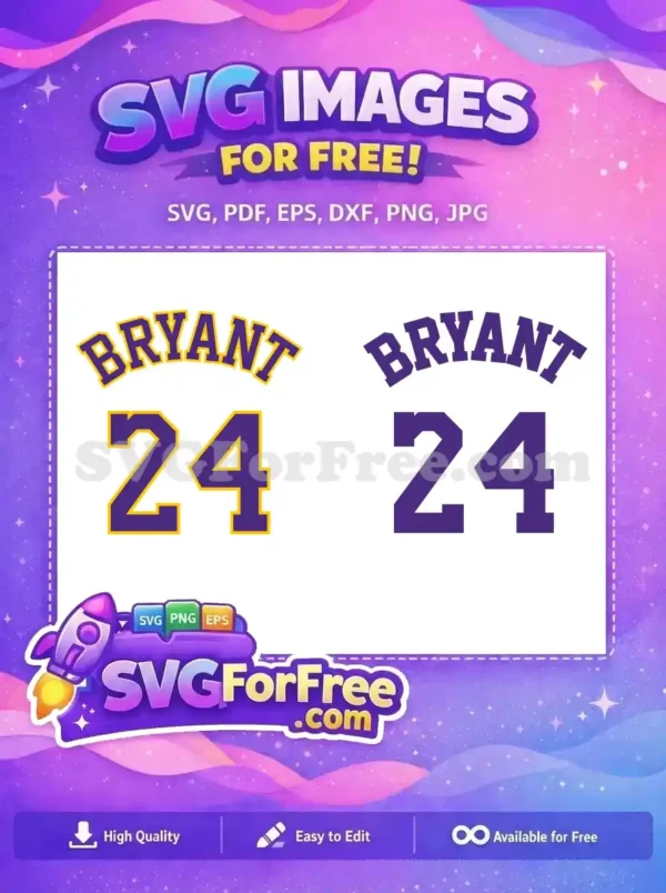 Free 'BRYANT 24' SVG design featuring classic purple and gold Lakers colors, perfect for crafts and apparel.
