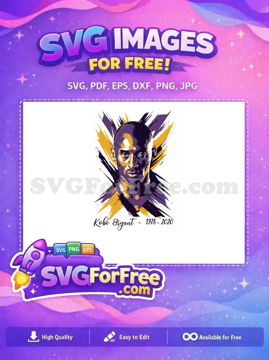 Free Kobe Bryant vector art, a powerful stylized portrait in iconic purple and gold, honoring the legend from 1978-2020.