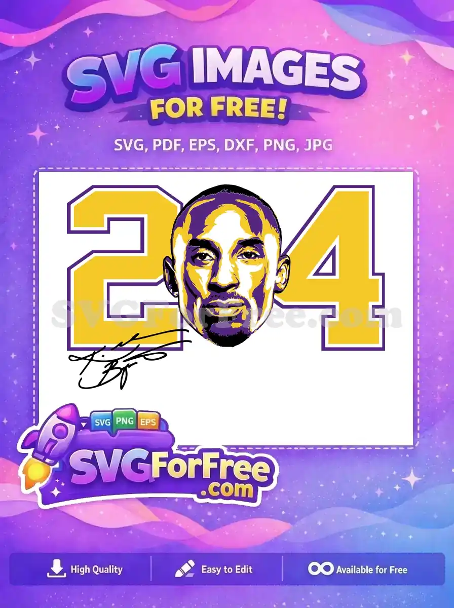 A free design of Kobe Bryant's face in purple and gold, flanked by his '24' jersey number. A truly free vector tribute.