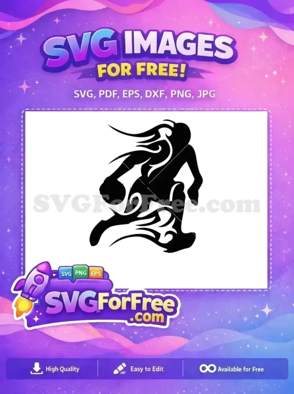 Dynamic free SVG of a basketball player dribbling, stylized with fierce tribal flames for energetic designs. Download this free vector now!