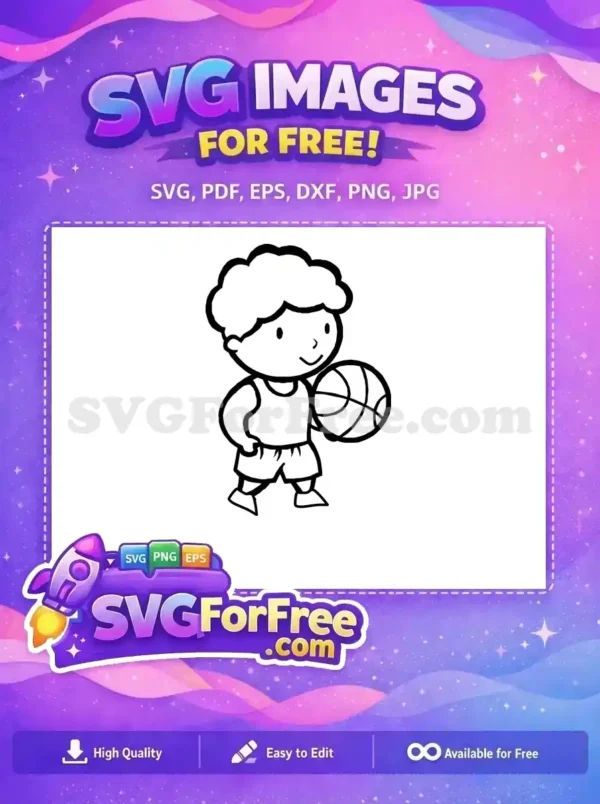 Free design of a cute cartoon boy with curly hair, smiling and holding a basketball. A playful, free vector graphic for children's themes.