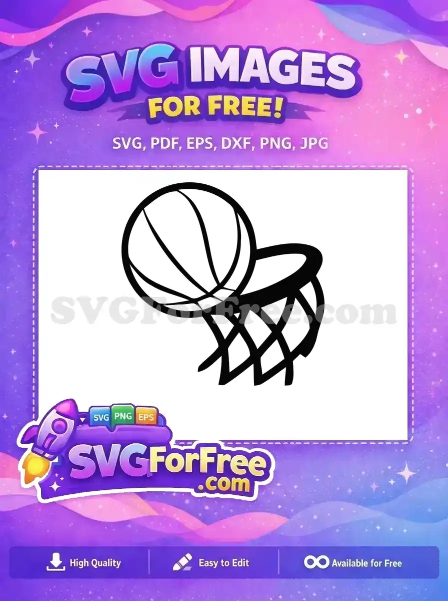 A free basketball and hoop graphic, showcasing a ball mid-air entering the net. Ideal for diverse free sports designs.