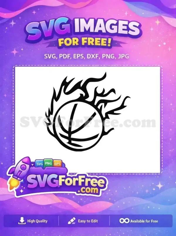 A striking free SVG of a basketball engulfed in stylized flames, ideal for sports-themed projects. This dynamic free design is perfect for athletic apparel.