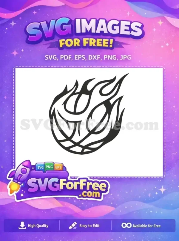A free SVG of a basketball engulfed in stylized, tribal flames, rendered in bold black lines. Ideal for free sports-themed designs and apparel.