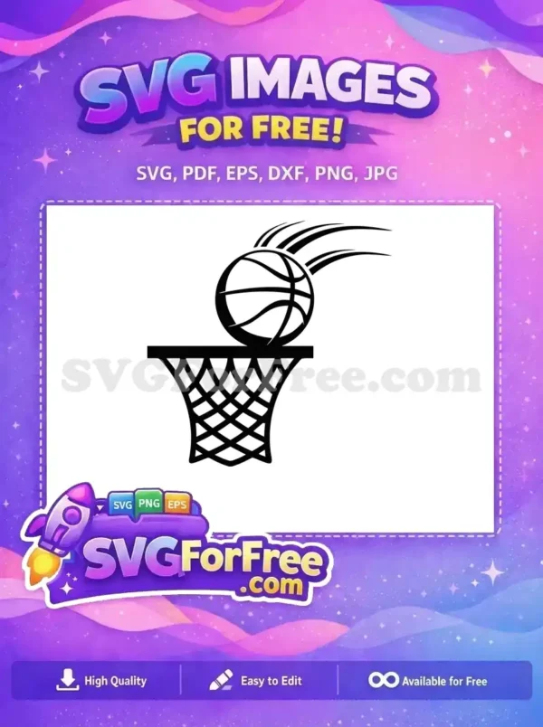 Free Basketball Swish SVG – Dynamic Sports Design A free dynamic basketball graphic showing a ball swishing through a net with motion lines, perfect for sports themes.