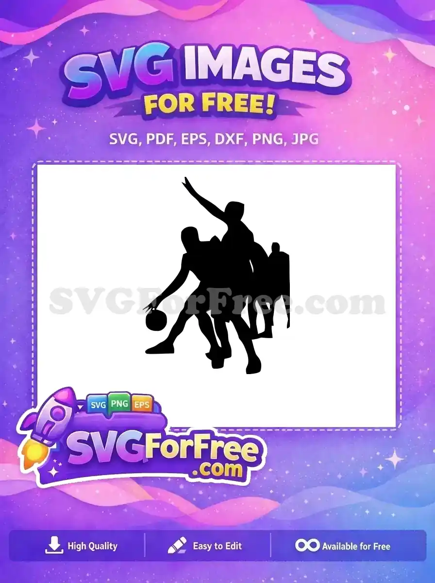 A free dynamic SVG silhouette of three basketball players in action, dribbling and defending, ideal for free sports designs.