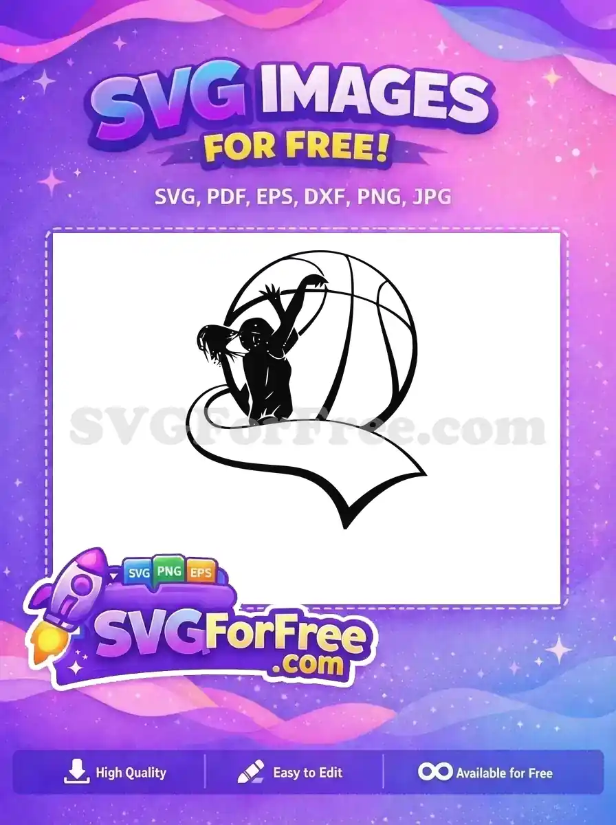 Dynamic free SVG of a basketball player silhouette with a ball and banner, ideal for custom sports designs. Get this free vector now!