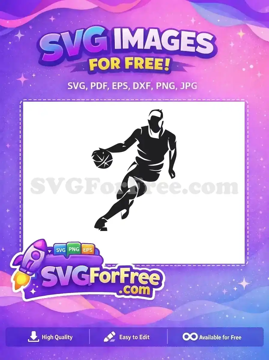 Dynamic free SVG of a basketball player dribbling, rendered in a modern, abstract silhouette style. This free design is ideal for sports graphics.