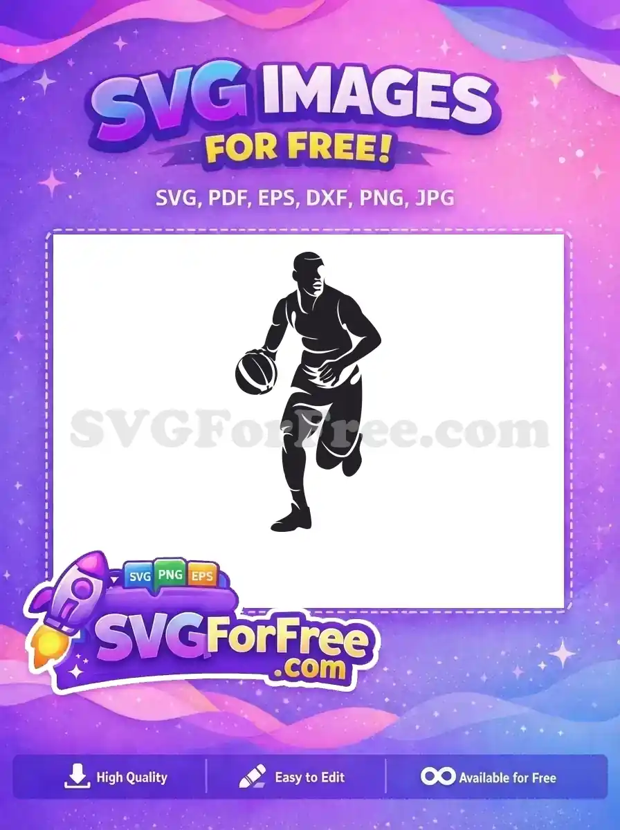 A free dynamic SVG of a basketball player dribbling, rendered in a striking black and white silhouette for versatile use.