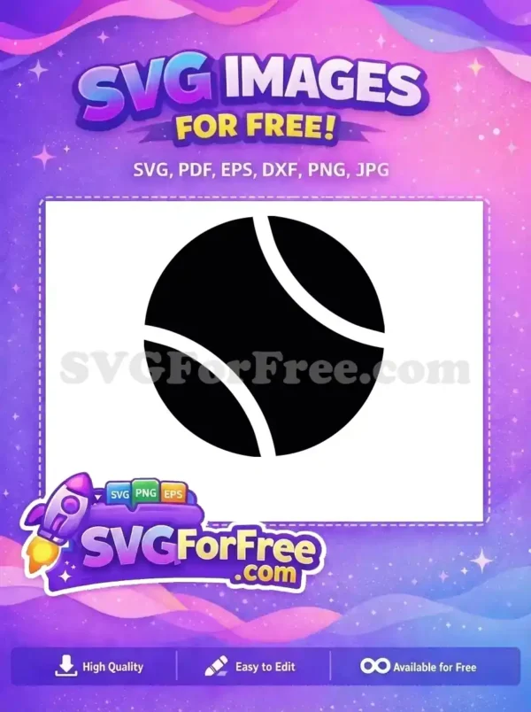 A crisp black tennis ball icon with distinctive white seams, offered as a completely free design for all your athletic projects.