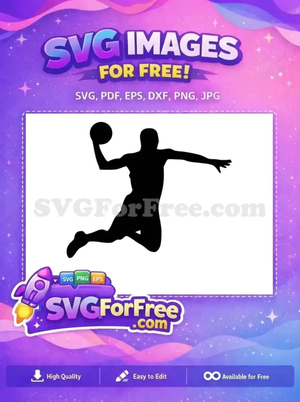 A striking free design of a basketball player silhouette mid-jump with a ball, ideal for sports graphics and projects. Download this free SVG now!