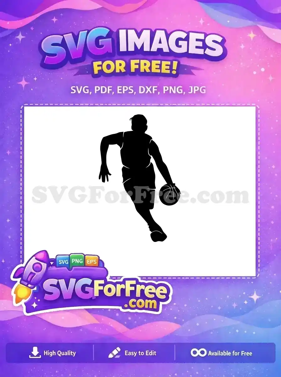Dynamic free SVG of a basketball player dribbling, depicted as a bold black silhouette on a white background. Perfect for sports-themed projects.